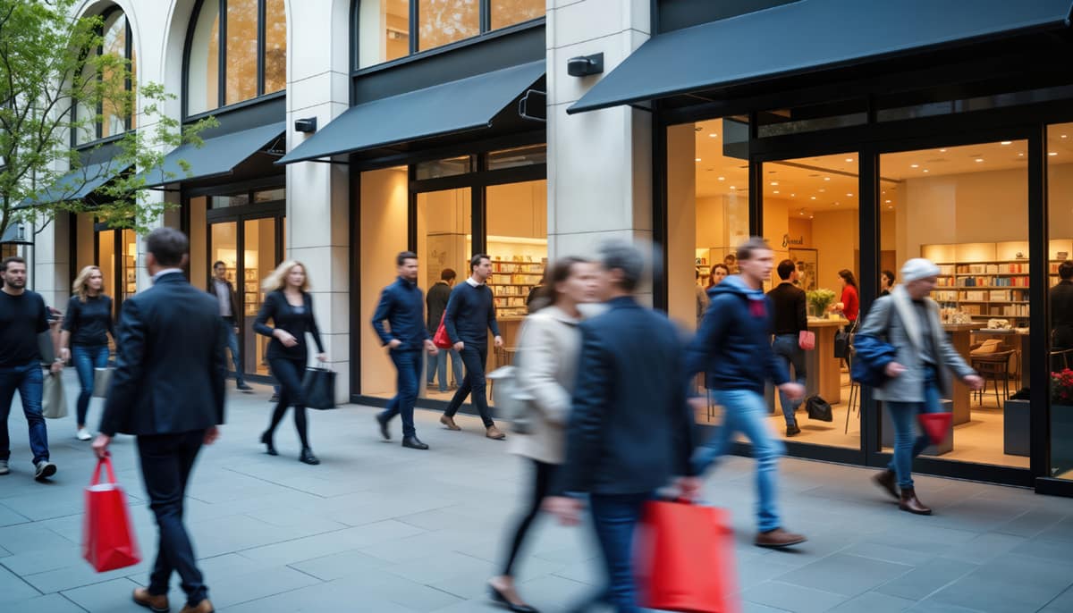 busy city street scene shows shoppers walking near storefronts