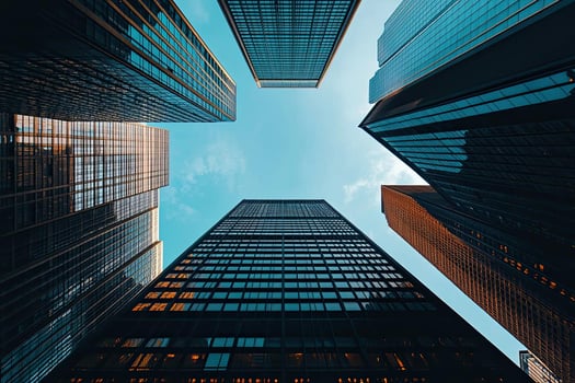 downtown business district from the street level looking up